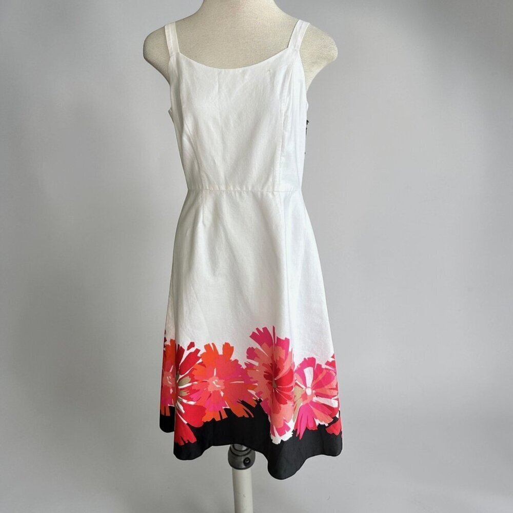Studio 1 Fit and Flare Dress White Sleeveless Pink Black Floral Hem Size 8